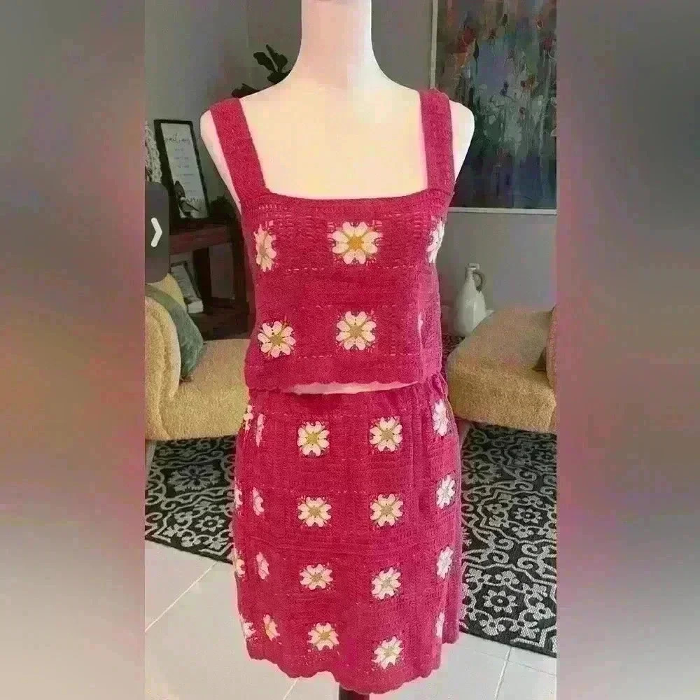 Rebellion Again Pink Crocheted Boho 2 Piece Set. Size M. New with tags
